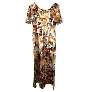 Vintage Hawaii Nei Brown Floral Short Sleeve Resort Wear Vacation Maxi Dress 14